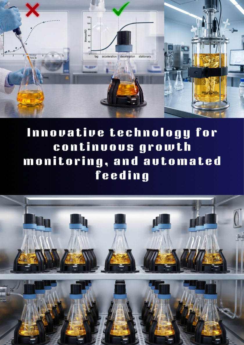 Left: sampling a flask by pipette gives a sparse, gappy growth curve. Right: the same flask with the device fitted gives a continuous curve with lag, acceleration, deceleration and stationary phases marked. Below: shelves of instrumented shake flasks running in parallel in an incubator.